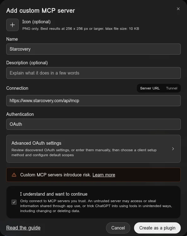The Add custom MCP server form filled in with the name Starcovery, the Starcovery address, and OAuth