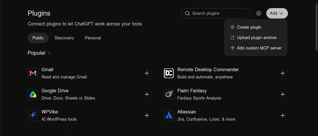The Add menu on the ChatGPT Plugins page, with Add custom MCP server at the bottom