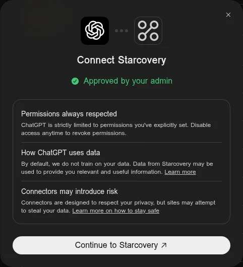 The Connect Starcovery dialog in ChatGPT, with the Continue to Starcovery button