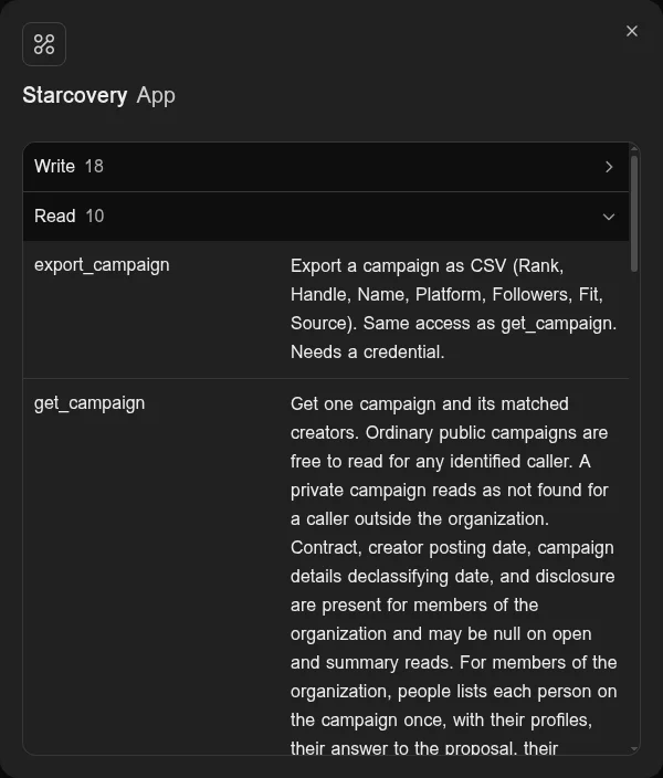 The Starcovery app in ChatGPT, with 18 write tools and 10 read tools